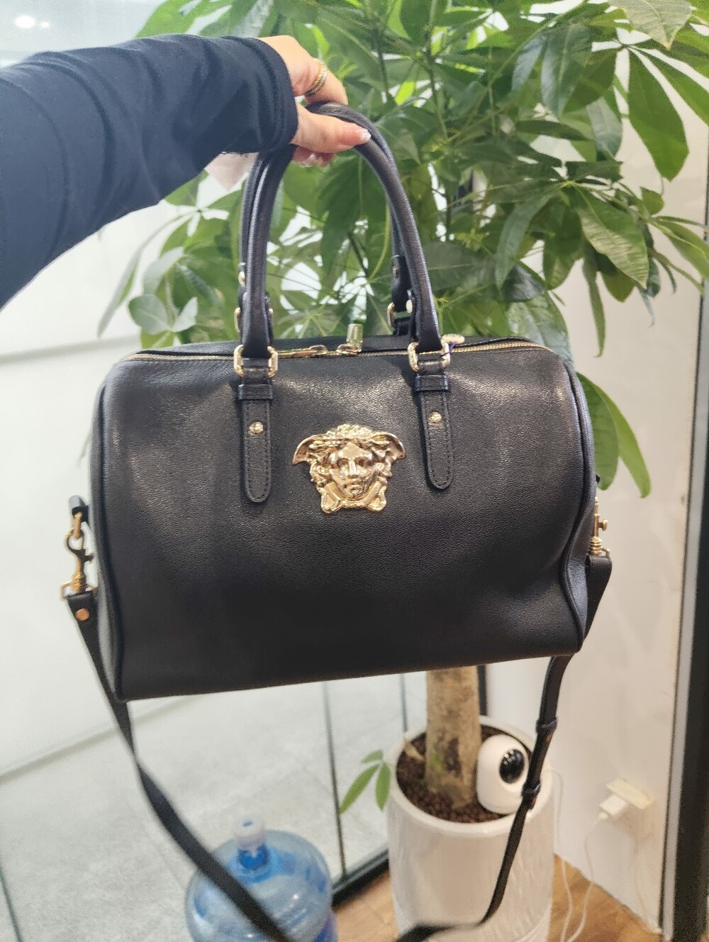 Versace Black Leather Satchel with Gold Medusa Emblem